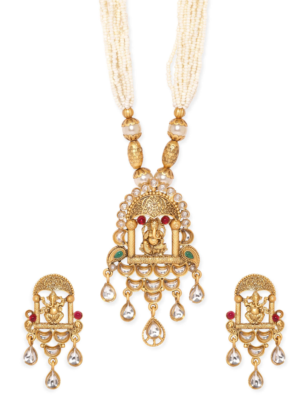 Rubans Lord Ganesha Temple Jewellery with White Beads Chain Necklace Set Jewellery Sets