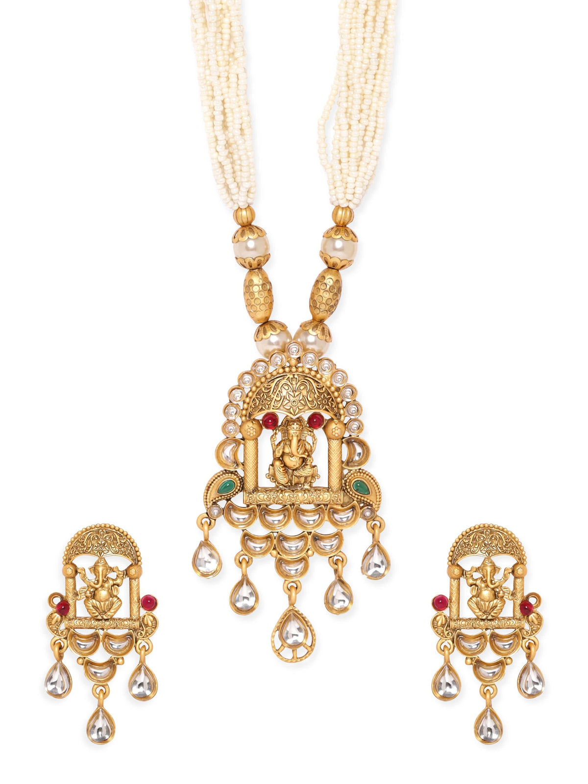 Rubans Lord Ganesha Temple Jewellery with White Beads Chain Necklace Set Jewellery Sets