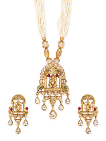 Rubans Lord Ganesha Temple Jewellery with White Beads Chain Necklace Set Jewellery Sets