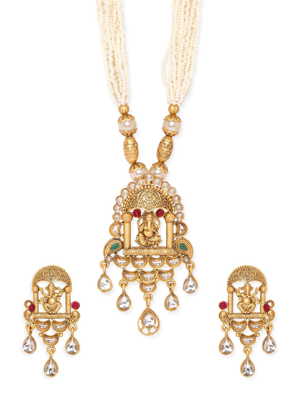 Rubans Lord Ganesha Temple Jewellery with White Beads Chain Necklace Set Jewellery Sets