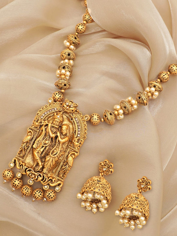 Rubans Lord Krishna and Radha Temple Necklace Set with Golden Beads Jewellery Sets