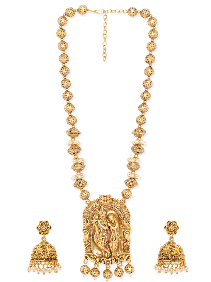 Rubans Lord Krishna and Radha Temple Necklace Set with Golden Beads Jewellery Sets