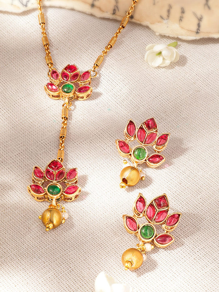 Rubans Lotus Radiance 22K Gold-Plated Lotus Motif Jewelry Set - Timeless Elegance Necklace Sets