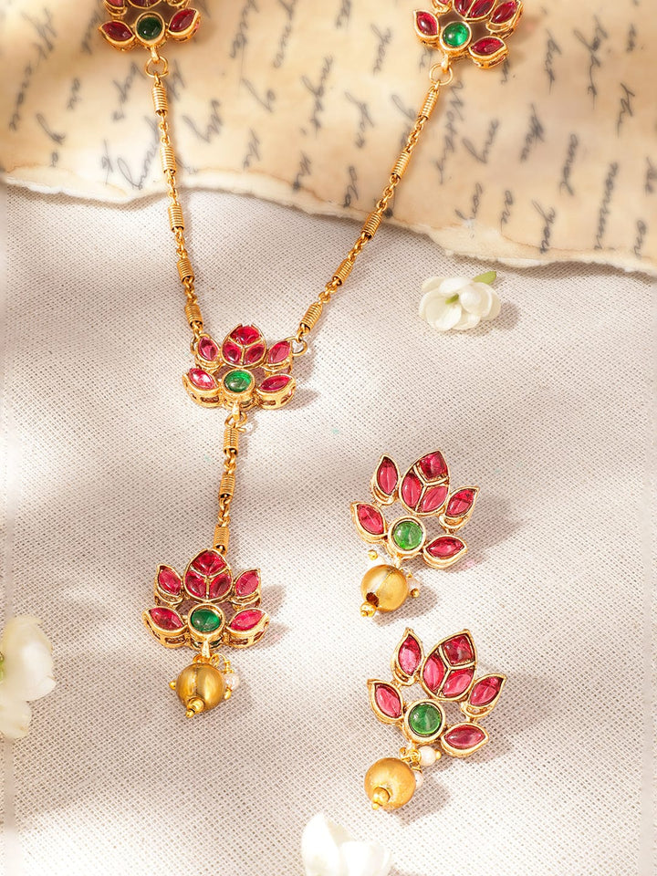 Rubans Lotus Radiance 22K Gold-Plated Lotus Motif Jewelry Set - Timeless Elegance Necklace Sets
