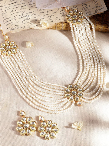 Rubans Luminous Elegance White Pearl Kundan Necklace Set Necklaces, Necklace Sets, Chains & Mangalsutra