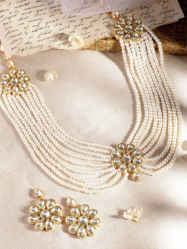 Rubans Luminous Elegance White Pearl Kundan Necklace Set Necklaces, Necklace Sets, Chains & Mangalsutra