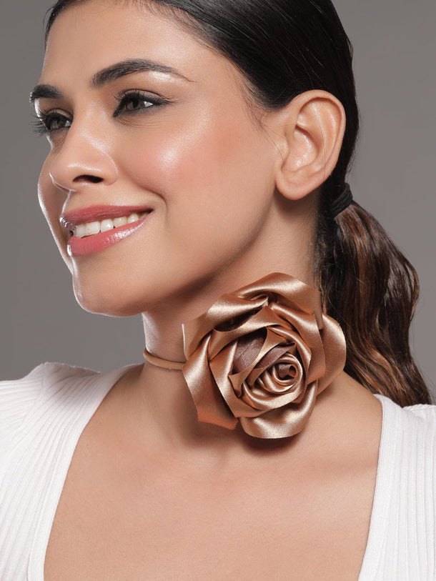 Rubans Luxe Champagne Gold Satin Rose Choker Necklace - Bold, Stylish Statement Piece Necklace & Chains