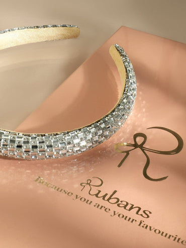 Rubans Luxe Silver Crystal Embellished Beige Velvet Headband for Elegant Look Hair Accessory