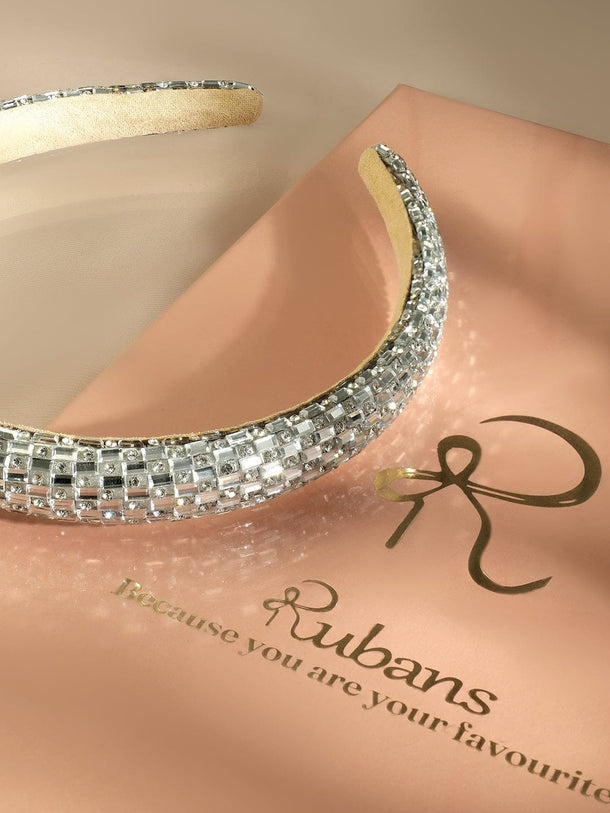 Rubans Luxe Silver Crystal Embellished Beige Velvet Headband for Elegant Look Hair Accessory