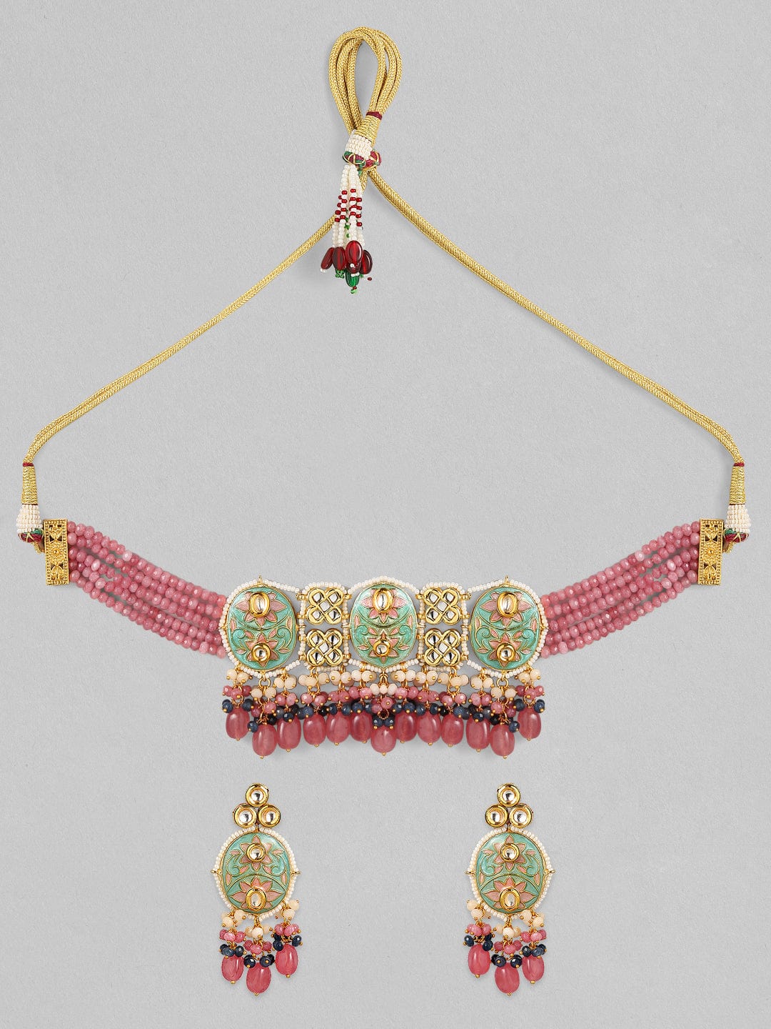 Rubans Luxury 24K Gold-Plated & Green Enamel And Kundan Stone Beaded Handcrafted Jewellery Set Necklace Set
