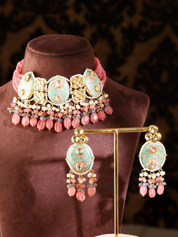 Rubans Luxury 24K Gold-Plated & Green Enamel And Kundan Stone Beaded Handcrafted Jewellery Set Necklaces, Necklace Sets, Chains & Mangalsutra