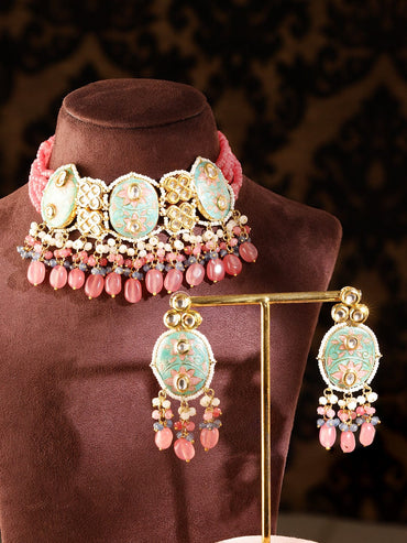 Rubans Luxury 24K Gold-Plated & Green Enamel And Kundan Stone Beaded Handcrafted Jewellery Set Necklaces, Necklace Sets, Chains & Mangalsutra