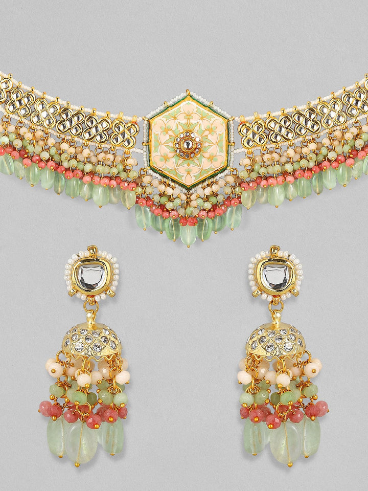 Rubans Luxury 24K Gold Plated Handcrafted Enamel & Pachi Kundan with Green Beads Choker Set Necklace Set
