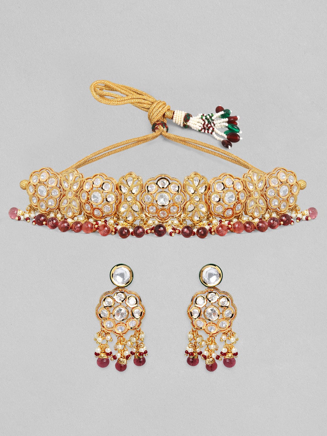 Rubans Luxury 24K Gold Plated Handcrafted Kundan Stone & Maroon Beads Necklace Set Necklace Set
