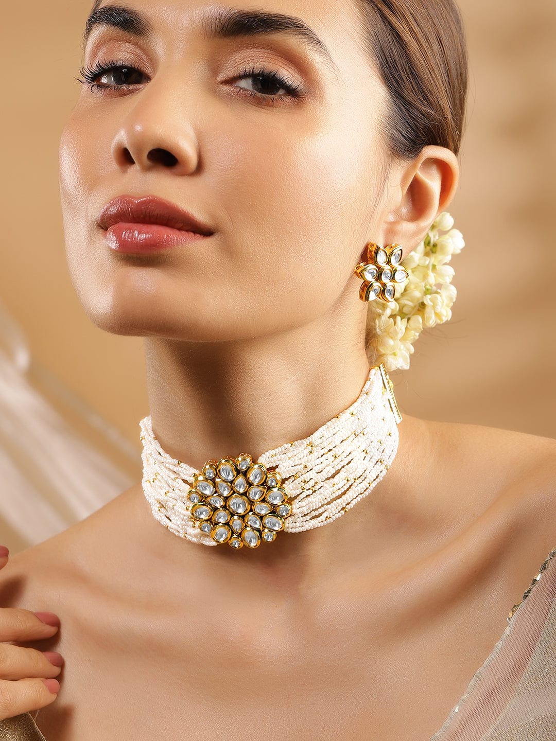 Rubans Luxury 24K Gold Plated Handcrafted Kundan & White Pearls Choker Set Necklaces, Necklace Sets, Chains & Mangalsutra