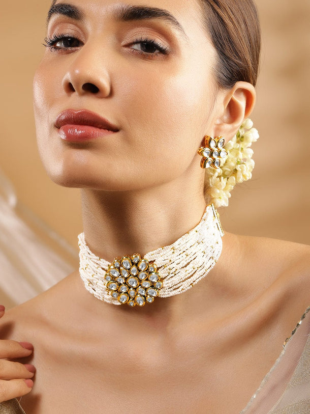 Rubans Luxury 24K Gold Plated Handcrafted Kundan & White Pearls Choker Set Necklaces, Necklace Sets, Chains & Mangalsutra