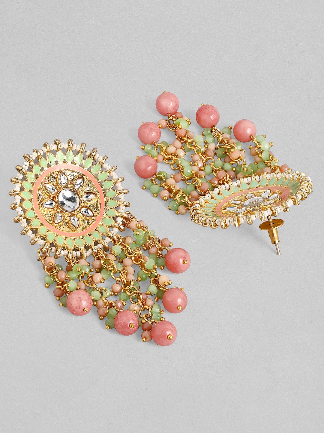 Rubans Luxury 24K Gold Plated Handcrafted Mint Enamel & Kundan with Colored Pearls Drop Earrings Earrings