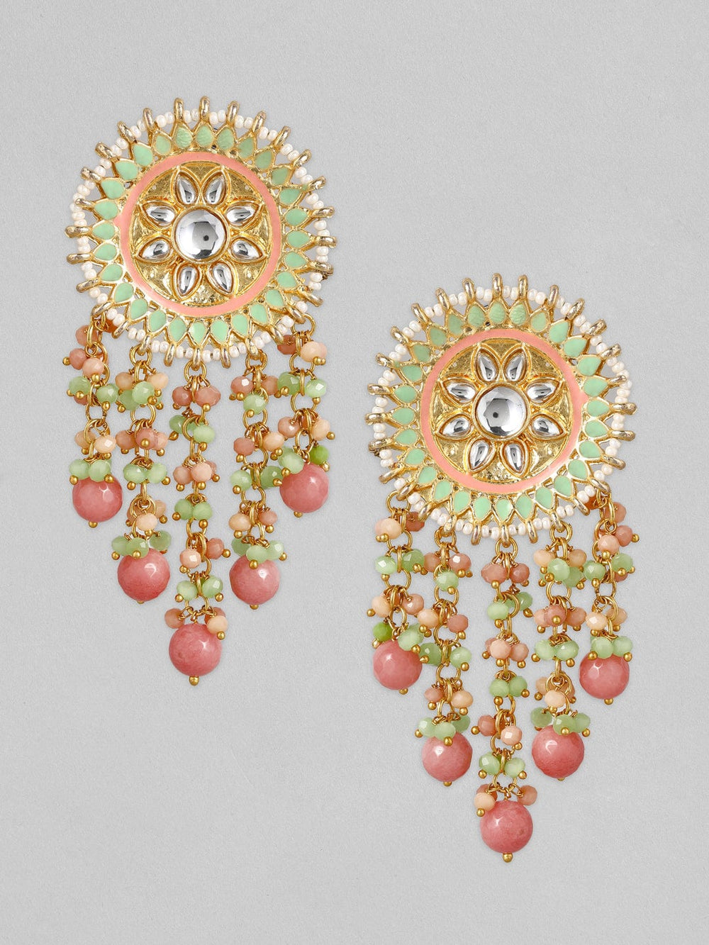 Rubans Luxury 24K Gold Plated Handcrafted Mint Enamel & Kundan with Colored Pearls Drop Earrings Earrings