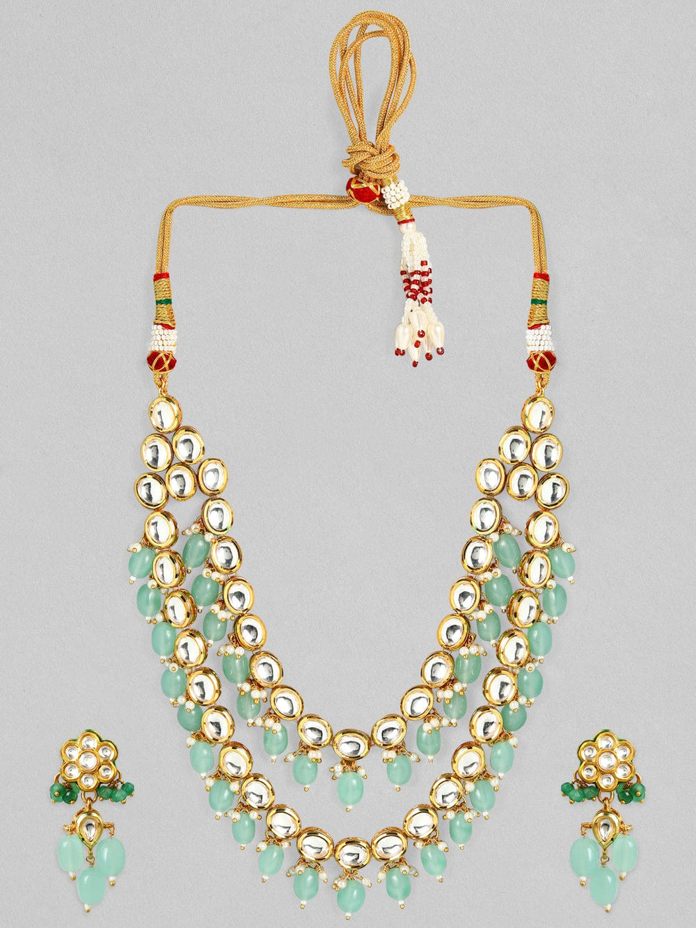 Rubans Luxury 24K Gold Plated Handcrafted Pachi Kundan & Green Beads Layered Necklace Set Necklace Set