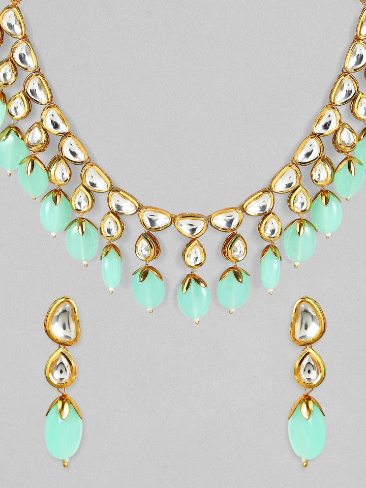 Rubans Luxury 24K Gold Plated Handcrafted Pachi Kundan & Green Beads Necklace Set Necklace Set