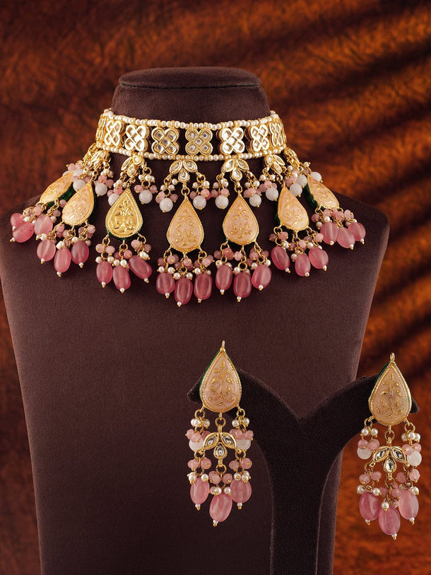Rubans Luxury 24K Gold Plated Handcrafted Pink Enamel & Pachi Kundan with Pearls Beaded Necklace Set Necklaces, Necklace Sets, Chains & Mangalsutra