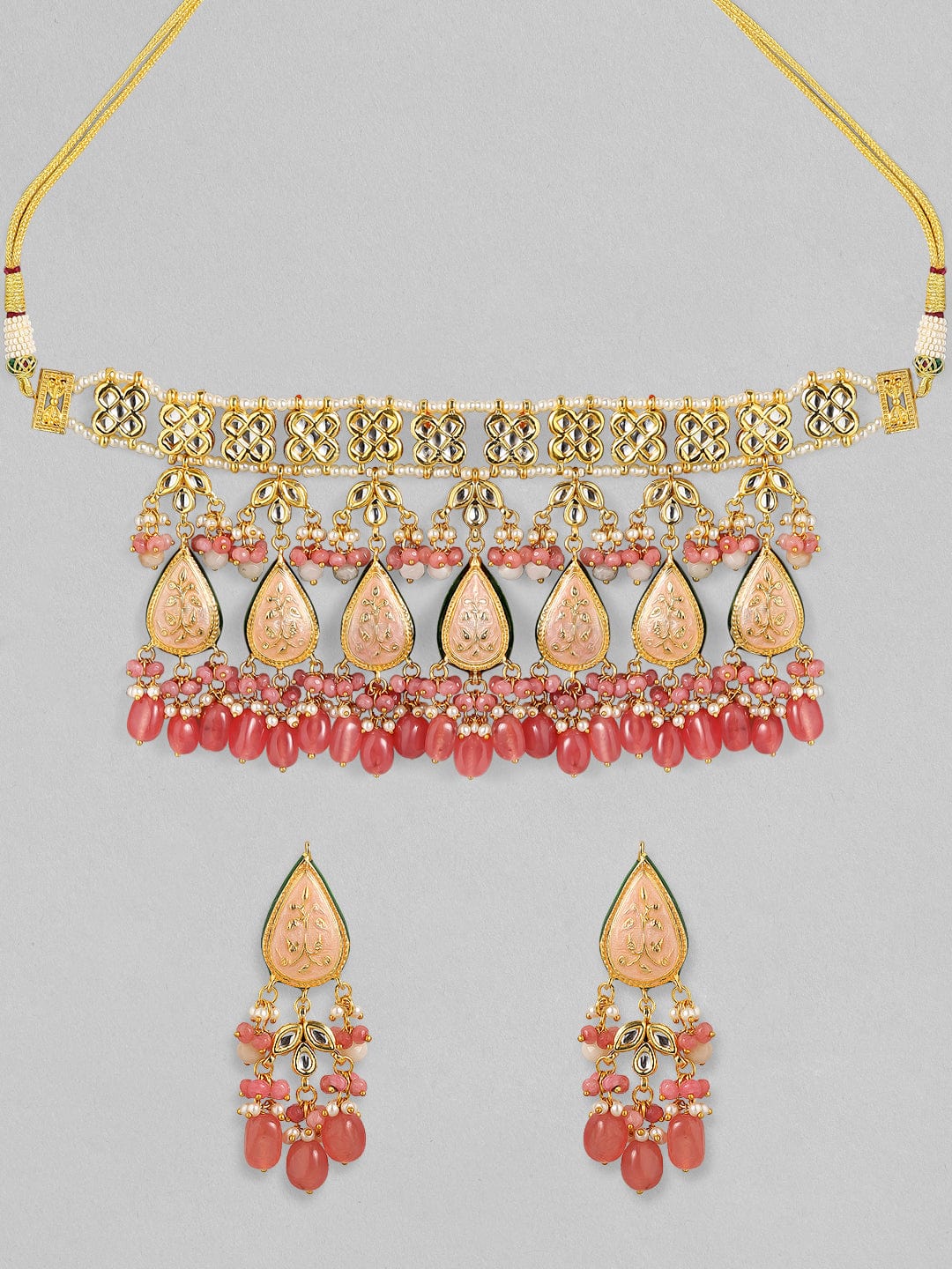 Rubans Luxury 24K Gold Plated Handcrafted Pink Enamel & Pachi Kundan with Pearls Necklace Set Necklace Set