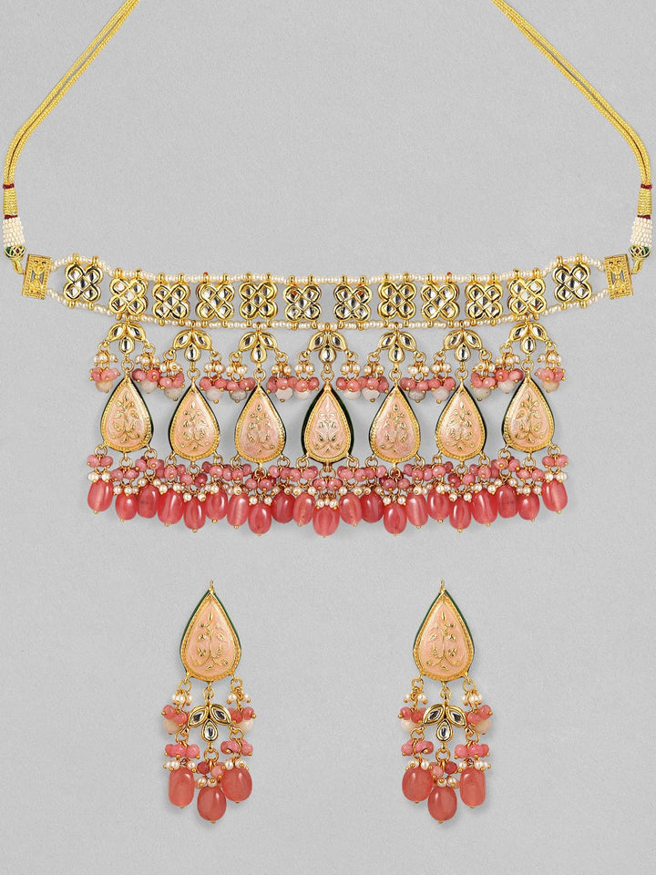 Rubans Luxury 24K Gold Plated Handcrafted Pink Enamel & Pachi Kundan with Pearls Necklace Set Necklace Set