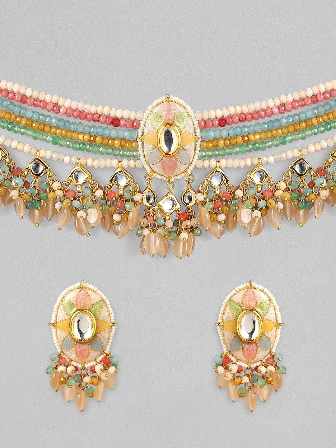 Rubans Luxury 24K Gold-Plated & White Kundan Studded Enameled Jewellery Set Necklace Set