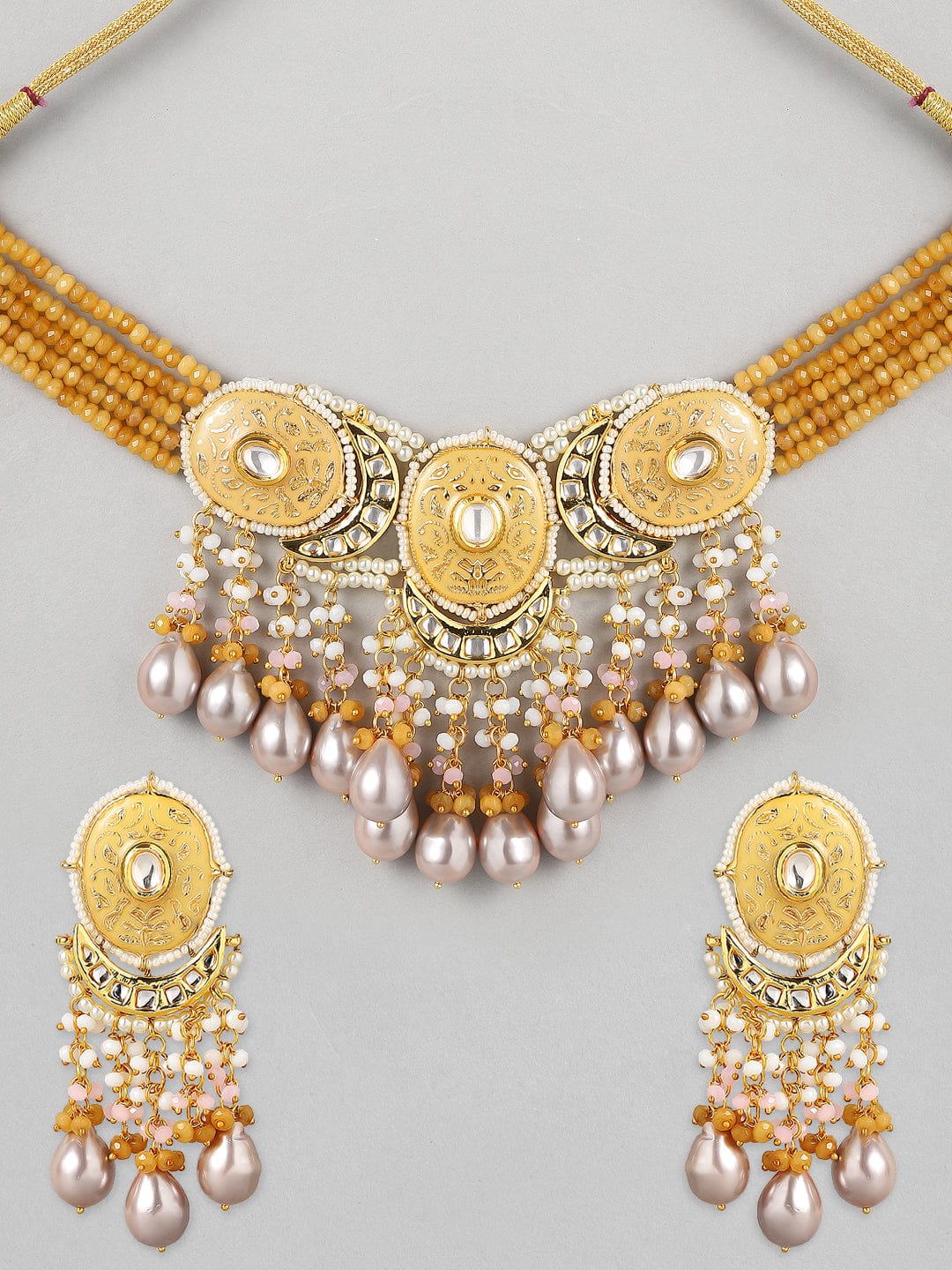Rubans Luxury 24K Gold-Plated Yellow & White Kundan Studded Enameled Pearl Beaded Jewellery Set Necklace Set