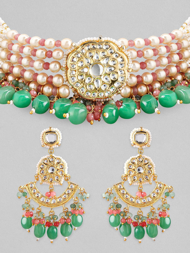 Rubans Luxury Gold Plated Green & Red Beaded Kundan Necklace Set Necklace Set
