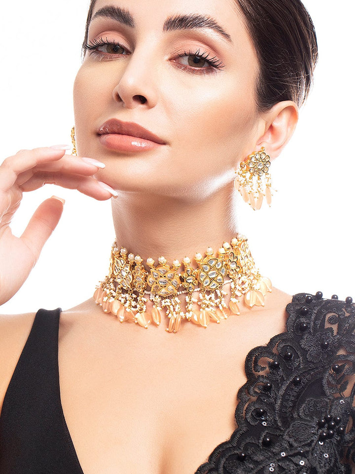 Rubans Luxury Gold Plated Kundan Choker Set With Pastel Beige Beads. Jewellery Sets