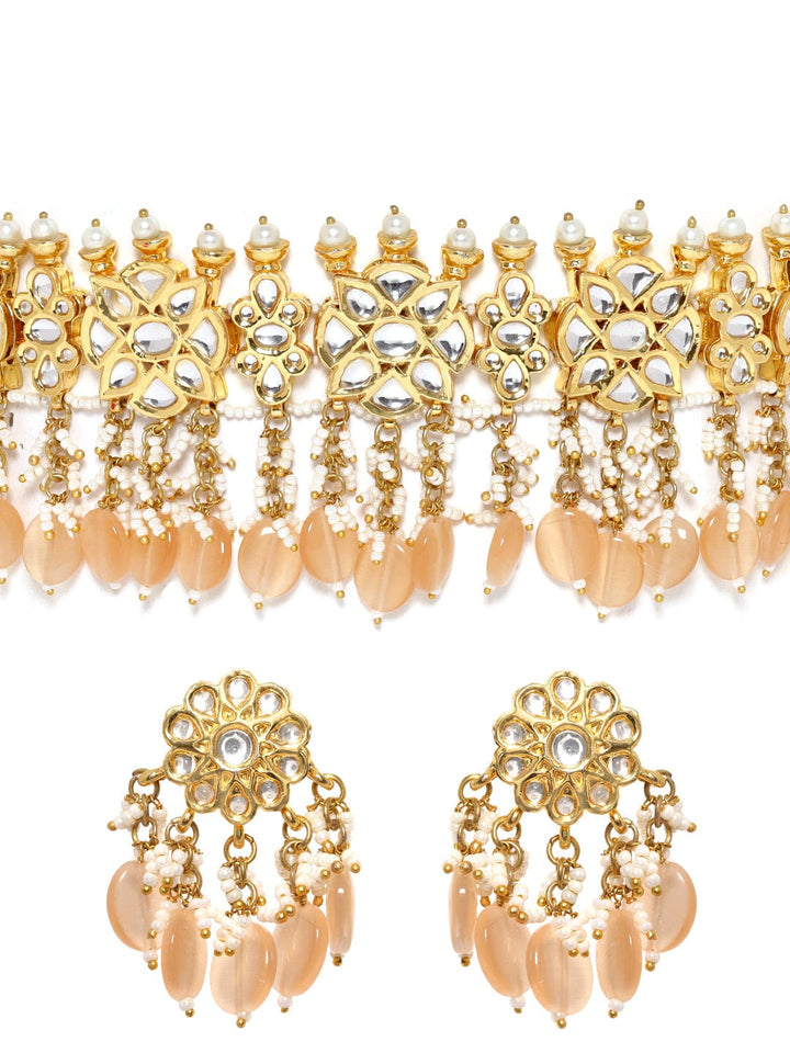 Rubans Luxury Gold Plated Kundan Choker Set With Pastel Beige Beads. Jewellery Sets