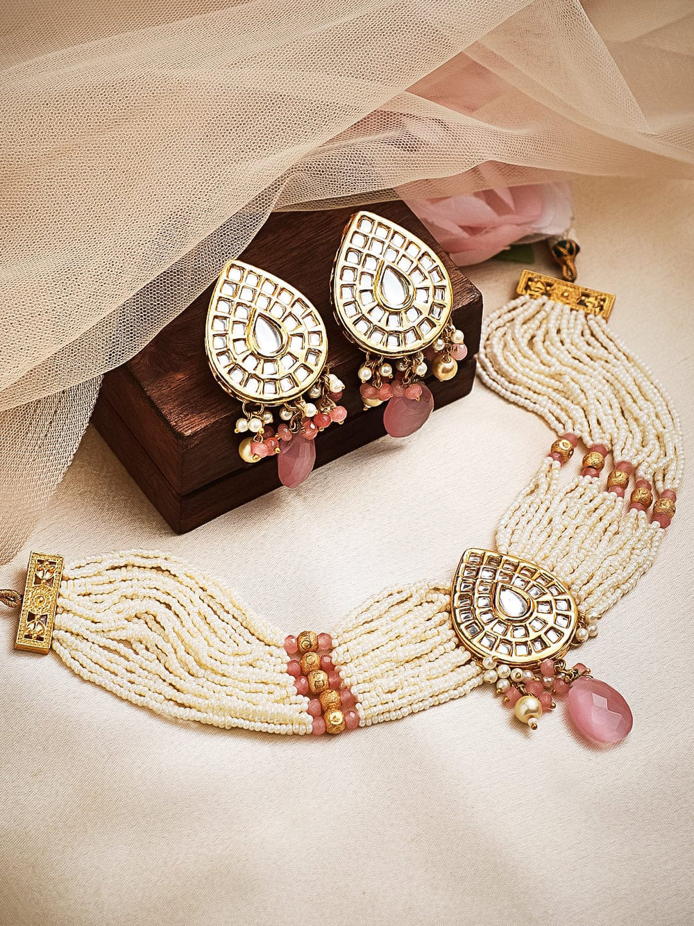 Rubans Luxury Gold Plated Kundan Choker Set With Pastel Pink Beads. Necklace Set