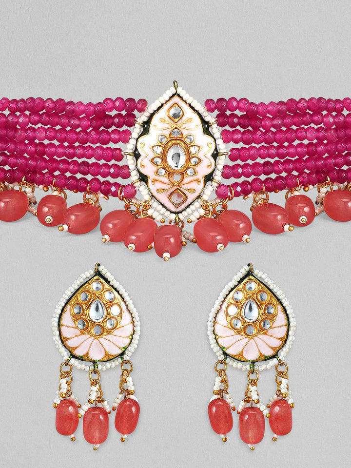 Rubans Luxury Gold Plated Kundan & Pink Beaded Handpainted Choker Set Necklace Set
