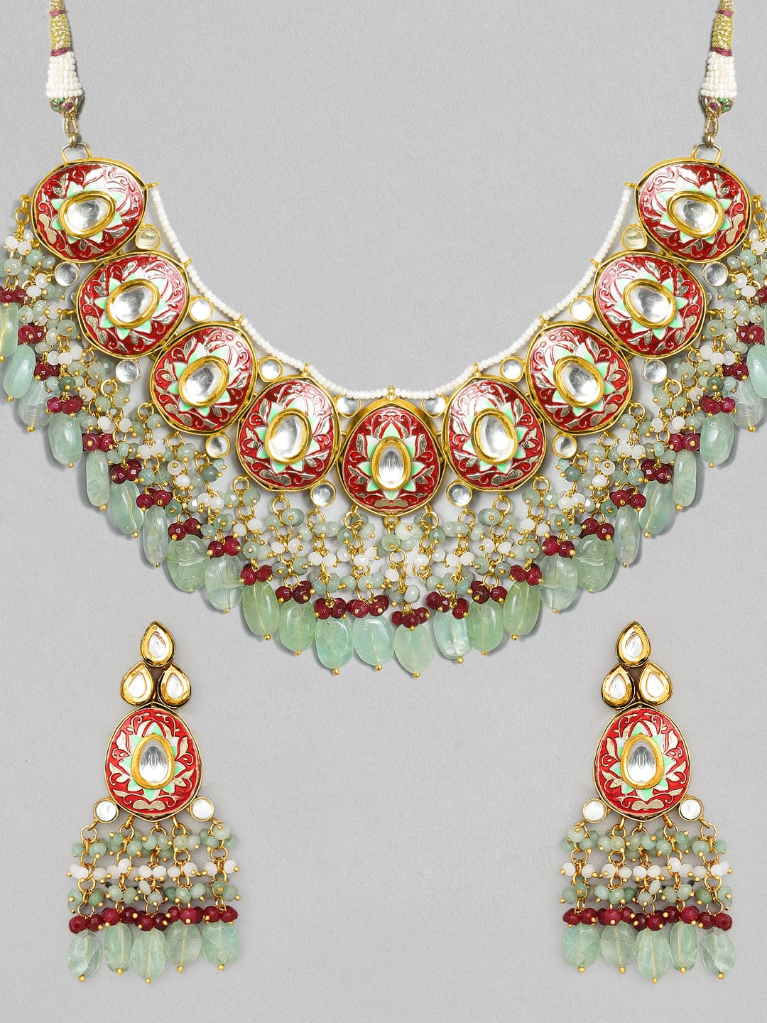 Rubans LUXURY Intricately Handcrafted  22Kt Gold Plated Traditional Red And Green Necklace Set Necklace Set