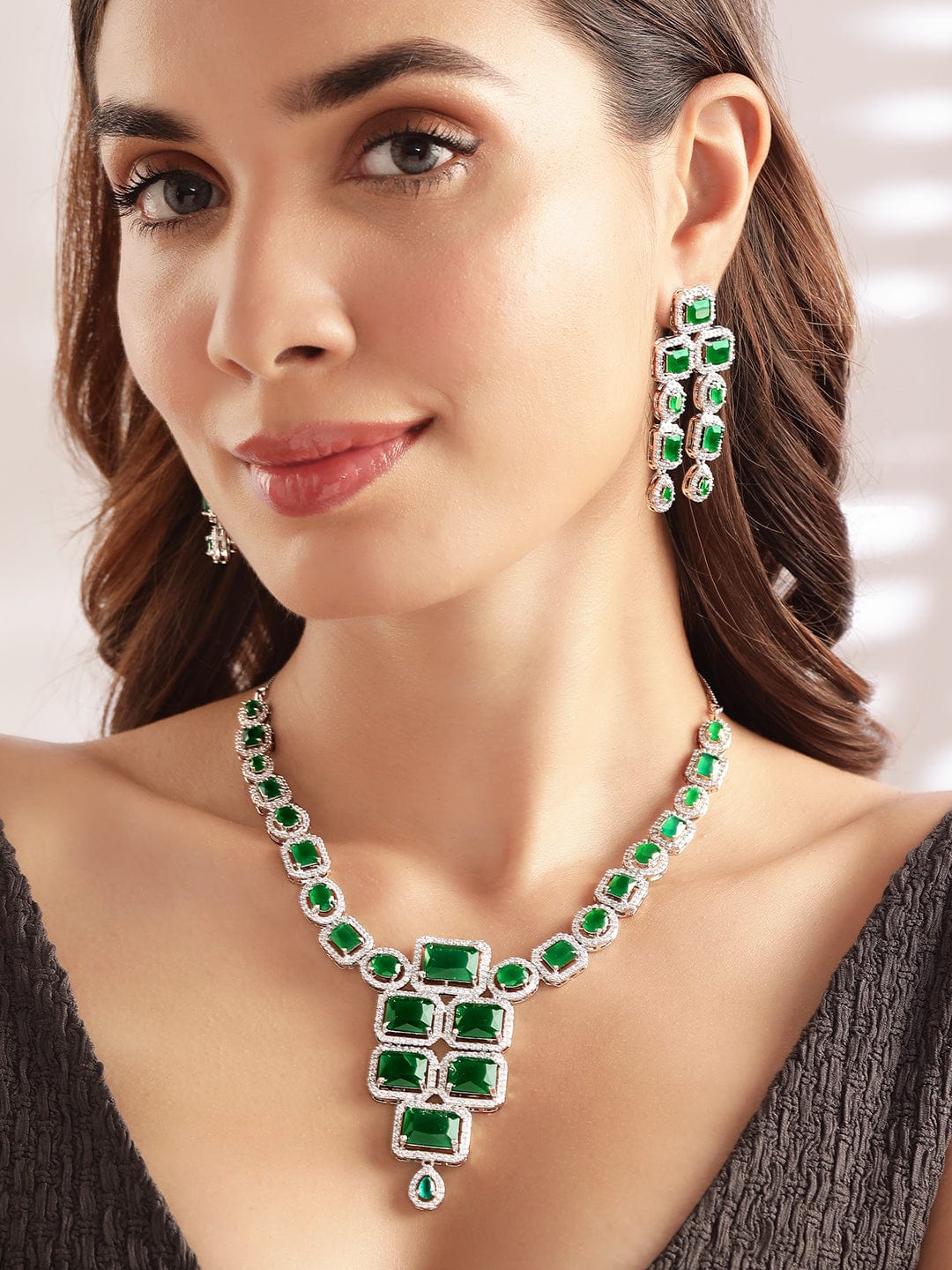Rubans Luxury Silver-Plated Green Stone Studded Emerald Handcrafted Statement Necklace Set Necklaces, Necklace Sets, Chains & Mangalsutra