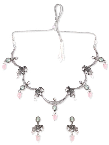 Rubans Majestic Elephants Oxidized Silver-Plated Beaded Jewelry Set Jewellery Sets