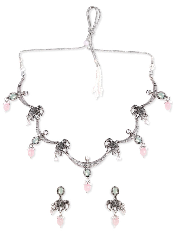 Rubans Majestic Elephants Oxidized Silver-Plated Beaded Jewelry Set Jewellery Sets