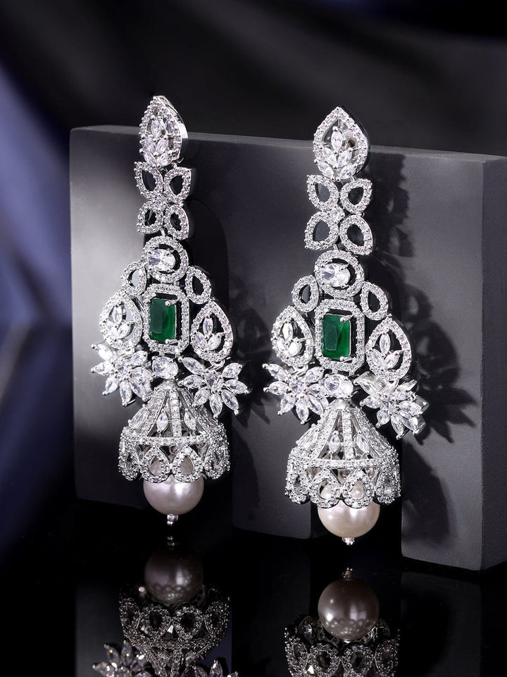 Rubans Majestic Radiance Rhodium Plated Zirconia and Emerald Chandelier Earrings Earrings