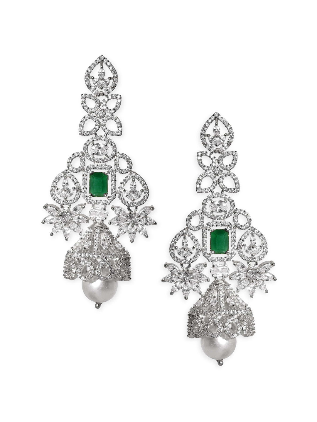 Rubans Majestic Radiance Rhodium Plated Zirconia and Emerald Chandelier Earrings Earrings
