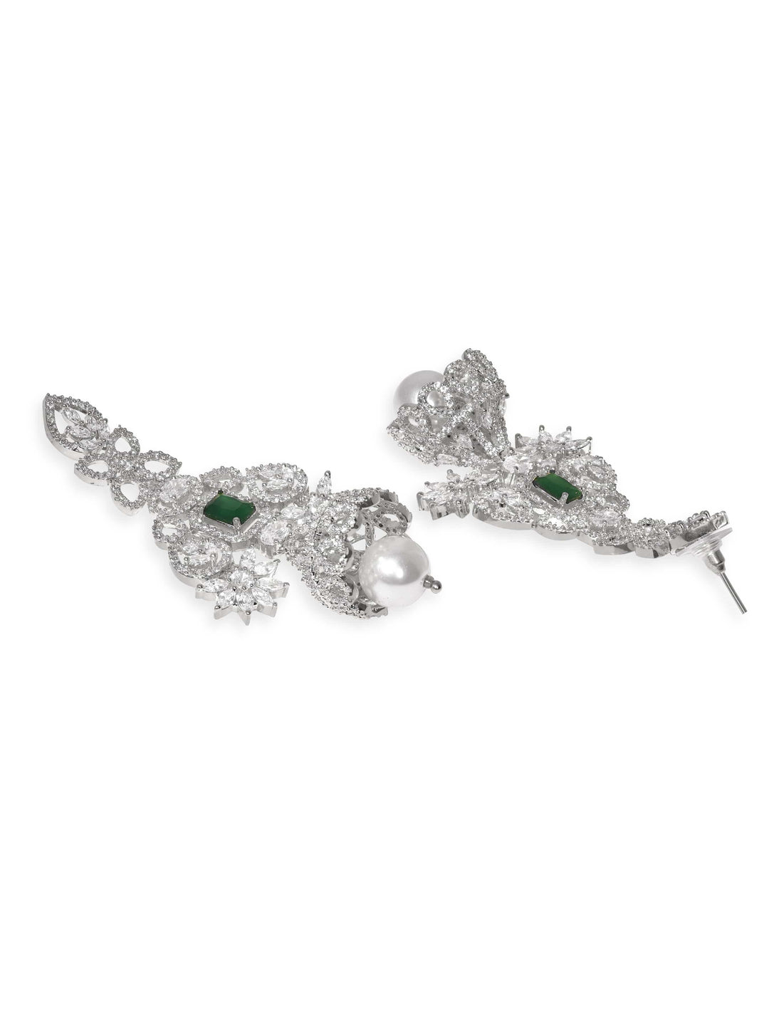 Rubans Majestic Radiance Rhodium Plated Zirconia and Emerald Chandelier Earrings Earrings