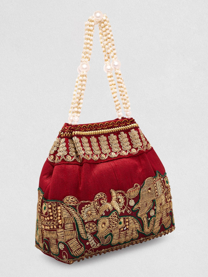 Rubans Maroon Coloured Potli Handbag With Silver Embroidery And Pearls Handbag, Wallet Accessories & Clutches