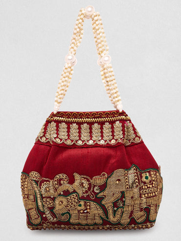 Rubans Maroon Coloured Potli Handbag With Silver Embroidery And Pearls Handbag, Wallet Accessories & Clutches