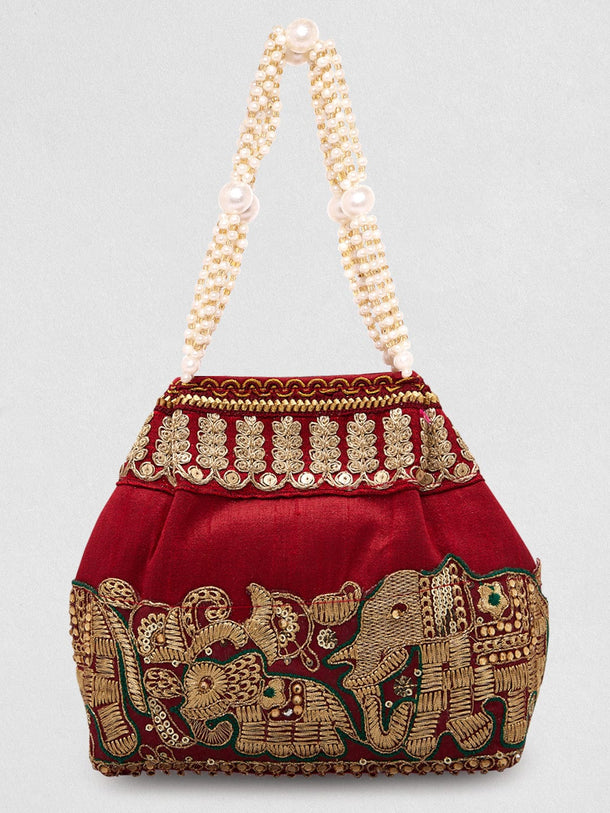 Rubans Maroon Coloured Potli Handbag With Silver Embroidery And Pearls Handbag, Wallet Accessories & Clutches