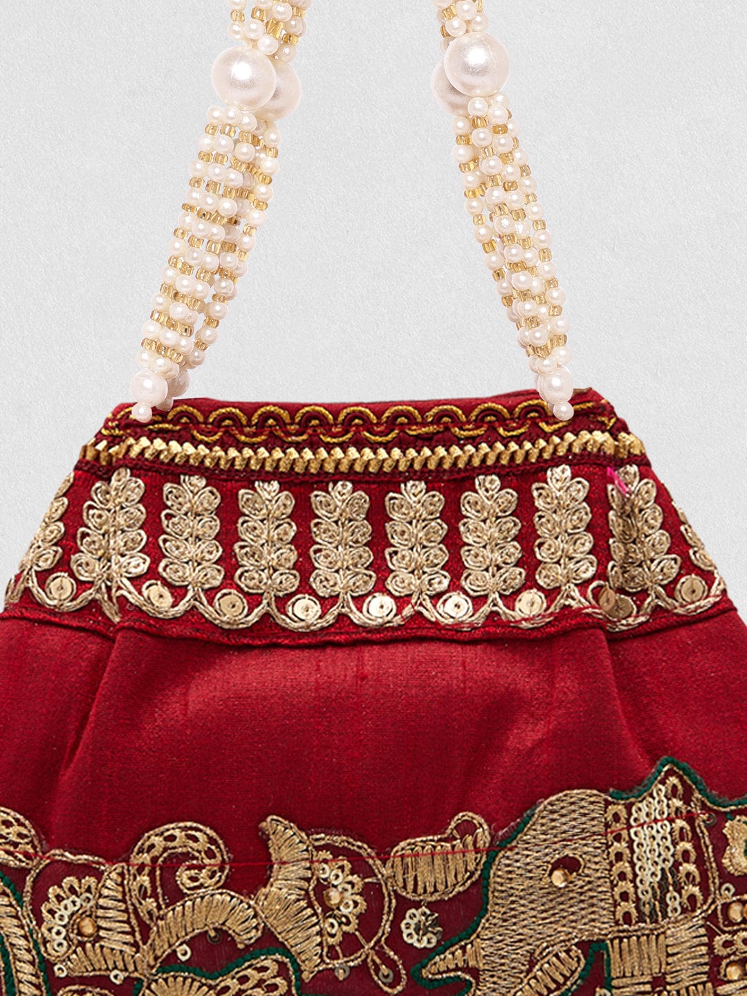 Rubans Maroon Coloured Potli Handbag With Silver Embroidery And Pearls Handbag, Wallet Accessories & Clutches