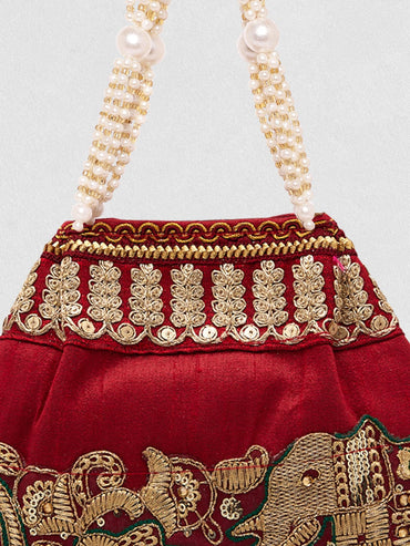 Rubans Maroon Coloured Potli Handbag With Silver Embroidery And Pearls Handbag, Wallet Accessories & Clutches