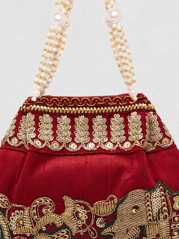 Rubans Maroon Coloured Potli Handbag With Silver Embroidery And Pearls Handbag, Wallet Accessories & Clutches