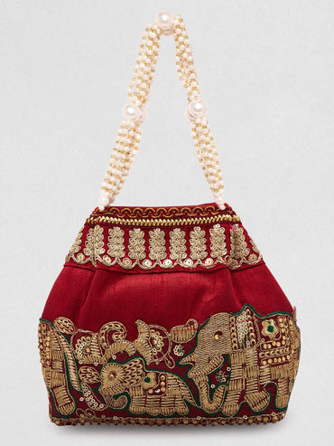 Rubans Maroon Coloured Potli Handbag With Silver Embroidery And Pearls Handbag, Wallet Accessories & Clutches