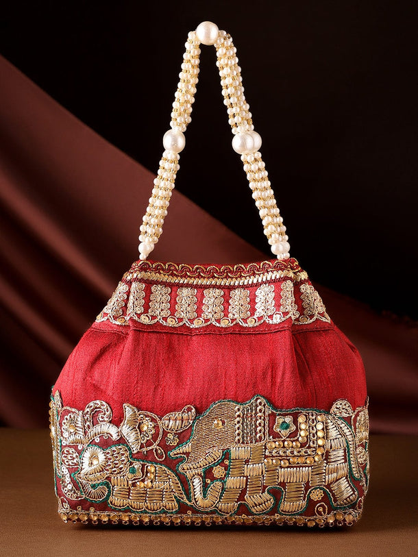 Rubans Maroon Coloured Potli Handbag With Silver Embroidery And Pearls Handbag, Wallet Accessories & Clutches