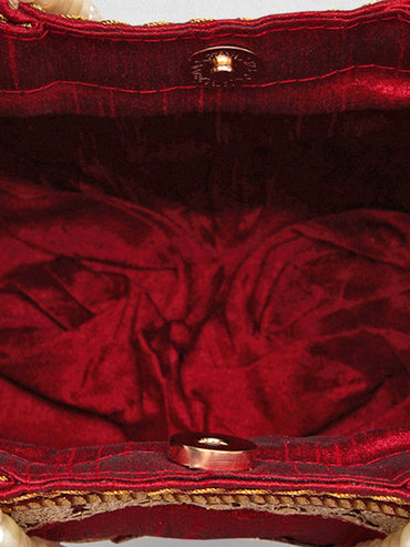 Rubans Maroon Coloured Potli Handbag With Silver Embroidery And Pearls Handbag, Wallet Accessories & Clutches